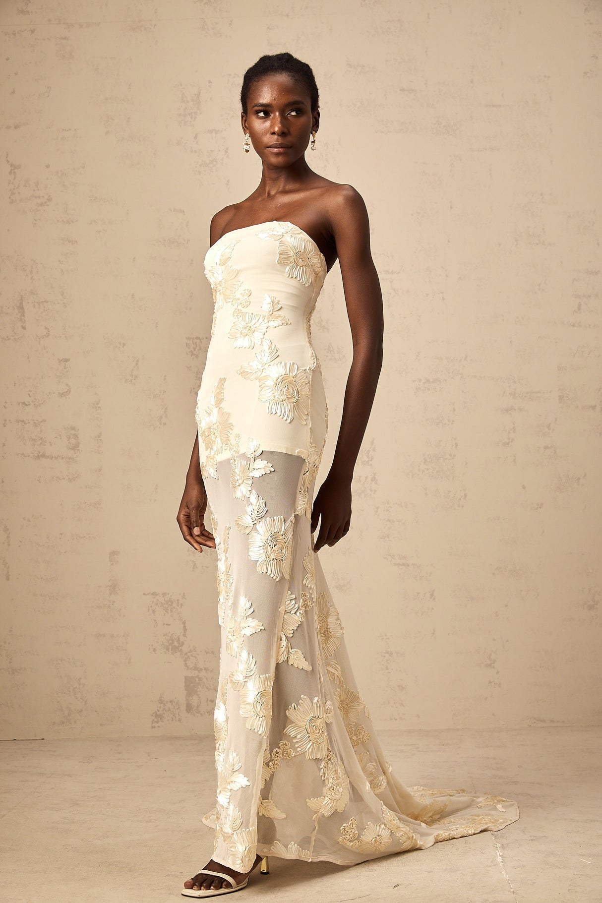 Aurohaya Melanie neutrals embroidered off-shoulder maxi dress