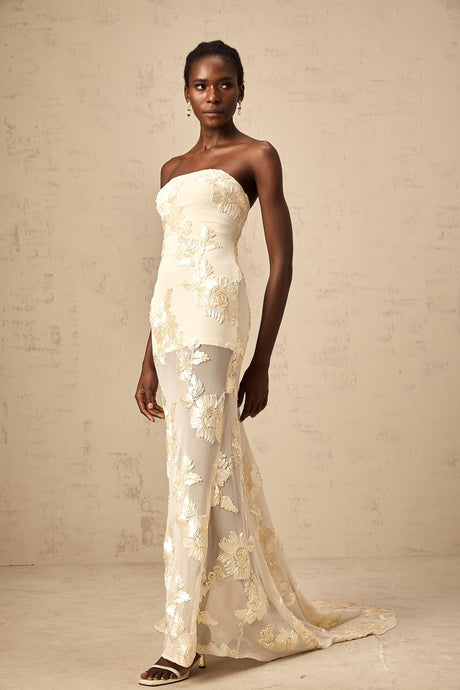 Aurohaya Melanie neutrals embroidered off-shoulder maxi dress