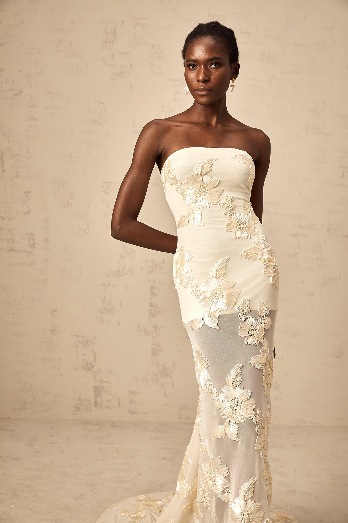 Aurohaya Melanie neutrals embroidered off-shoulder maxi dress