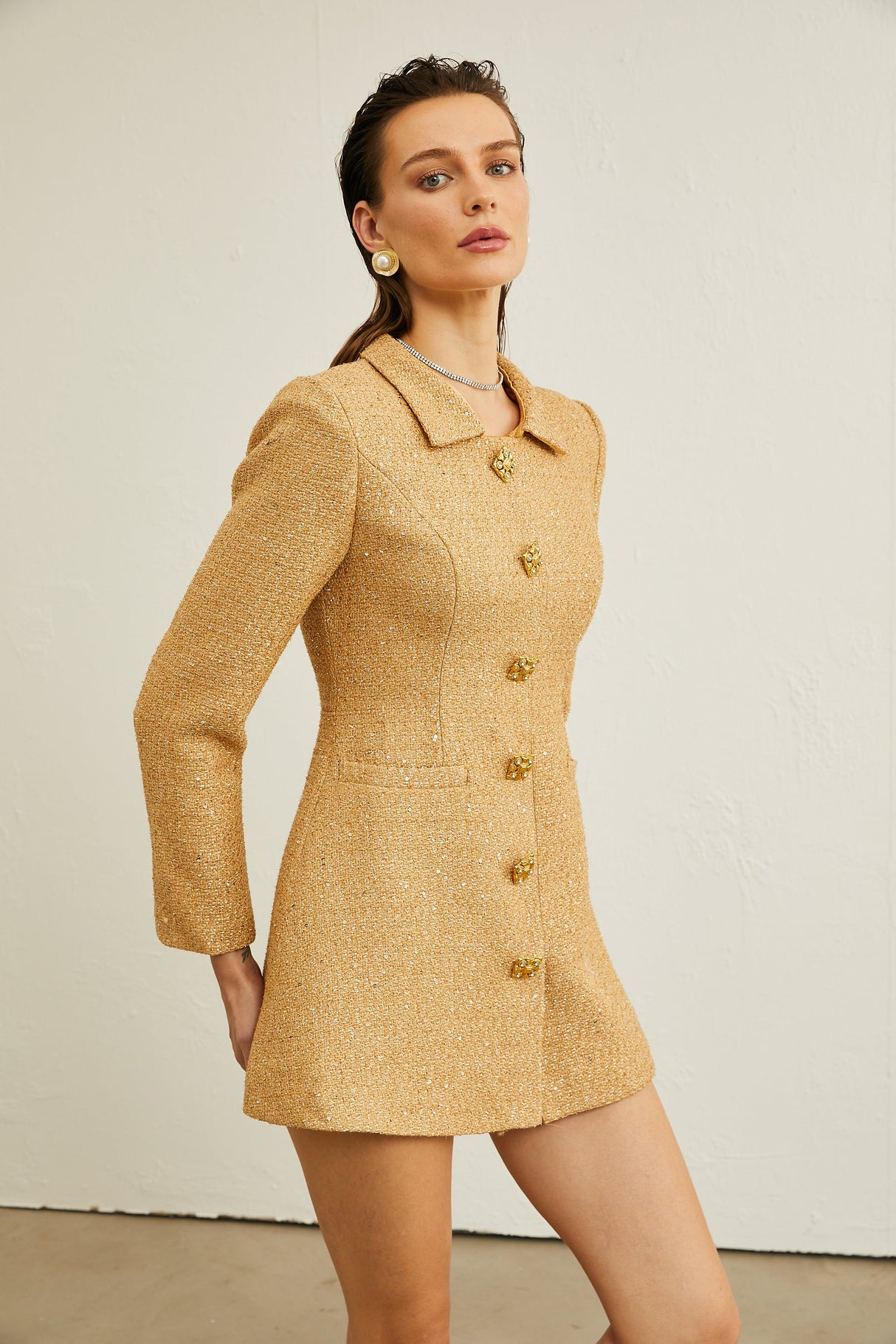 Aurohaya Morgane tweed long-sleeve mini dress