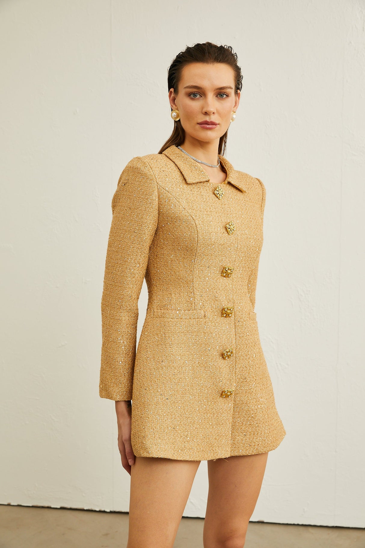 Aurohaya Morgane tweed long-sleeve mini dress