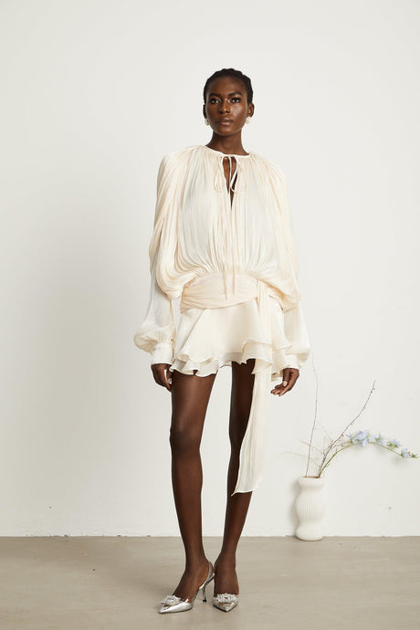 Aurohaya Eugénie Neutral Fully Pleated Ruffled Mini Dress