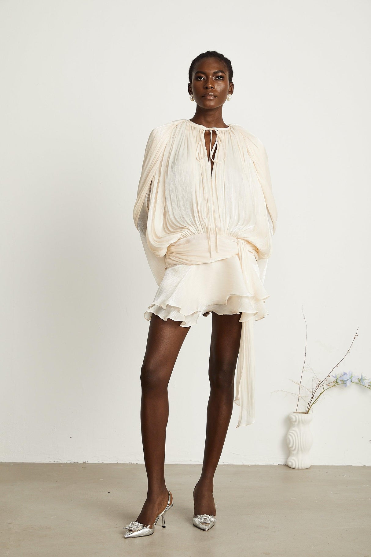Aurohaya Eugénie Neutral Fully Pleated Ruffled Mini Dress