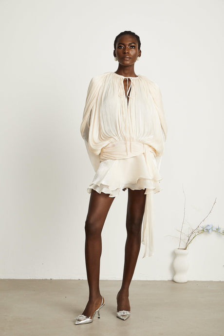 Aurohaya Eugénie Neutral Fully Pleated Ruffled Mini Dress