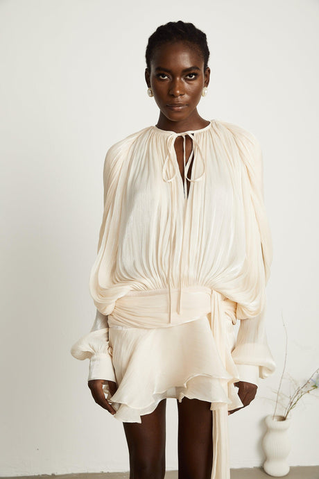 Aurohaya Eugénie Neutral Fully Pleated Ruffled Mini Dress
