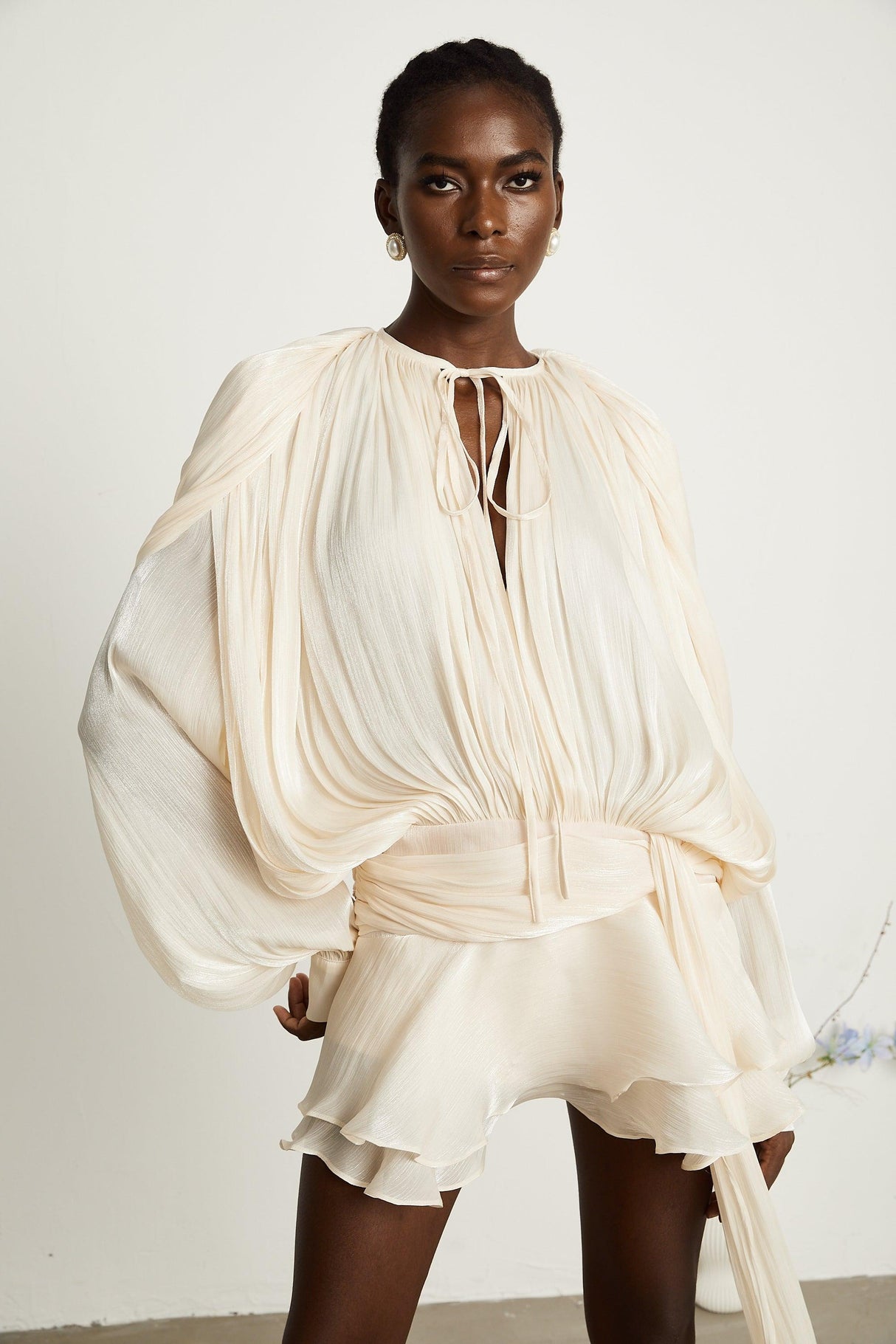Aurohaya Eugénie Neutral Fully Pleated Ruffled Mini Dress