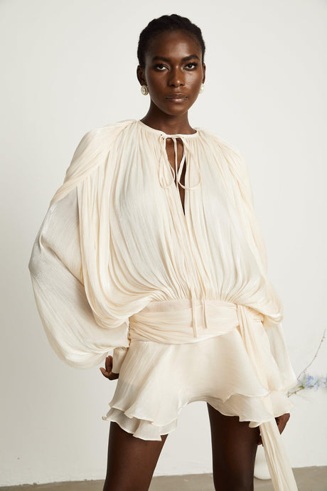 Aurohaya Eugénie Neutral Fully Pleated Ruffled Mini Dress