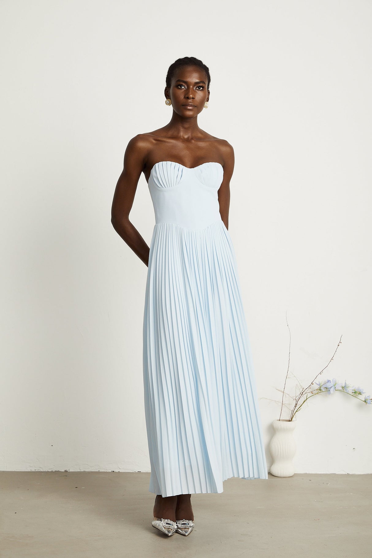 Aurohaya Carlotta blue pleated corset maxi dress