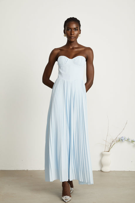 Aurohaya Carlotta blue pleated corset maxi dress