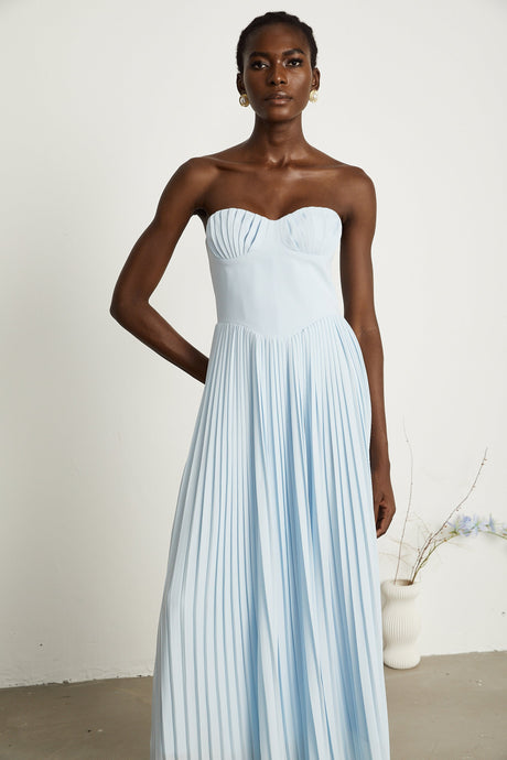 Aurohaya Carlotta blue pleated corset maxi dress