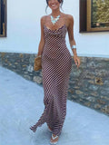 Aurohaya Striped Sexy Slim-Fitting Strappy Chest-Length Floor-Length Dress Brown