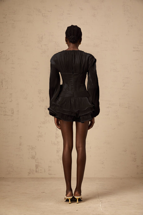 Aurohaya Rosier Black Fully Pleated Cinched Mini Dress