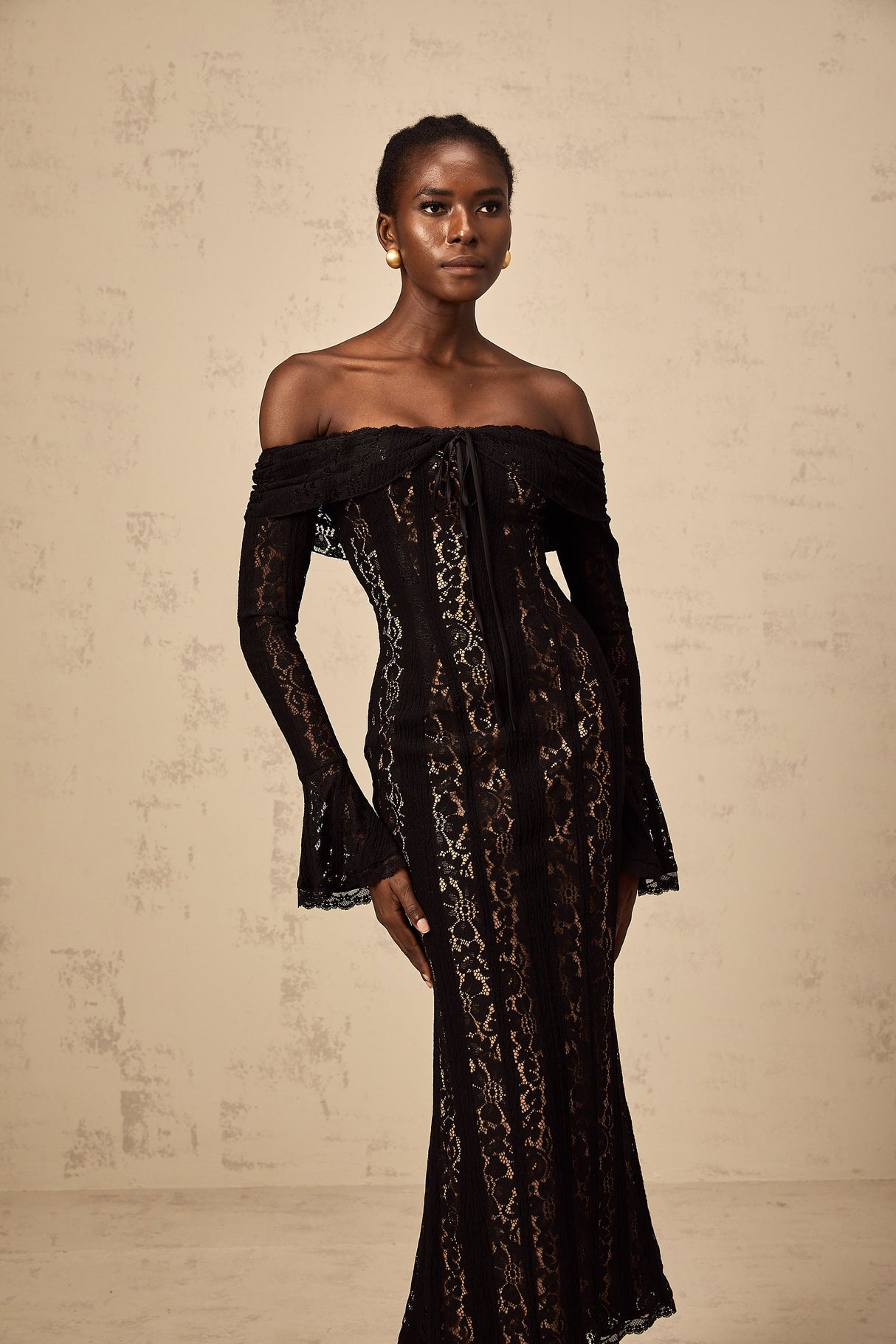 Aurohaya Émeline floral lace flared-cuff midi dress in Black