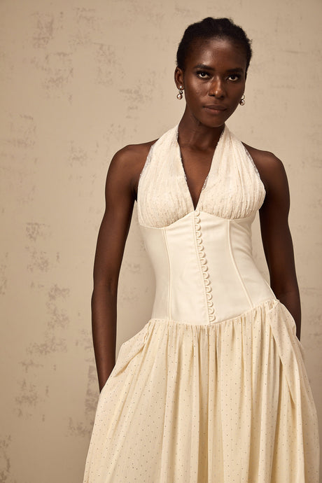 Aurohaya Charlotte halterneck tulle midi dress