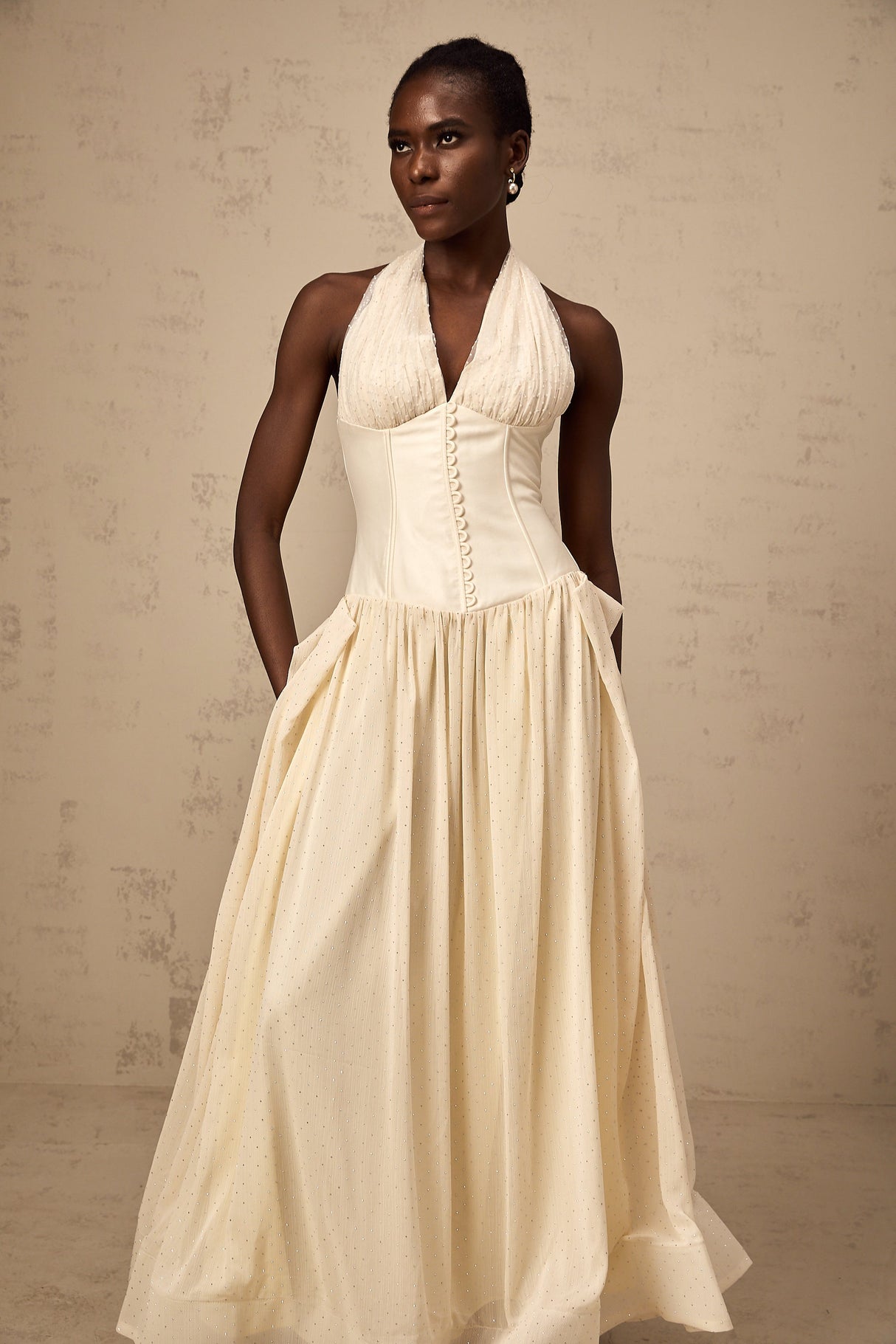 Aurohaya Charlotte halterneck tulle midi dress