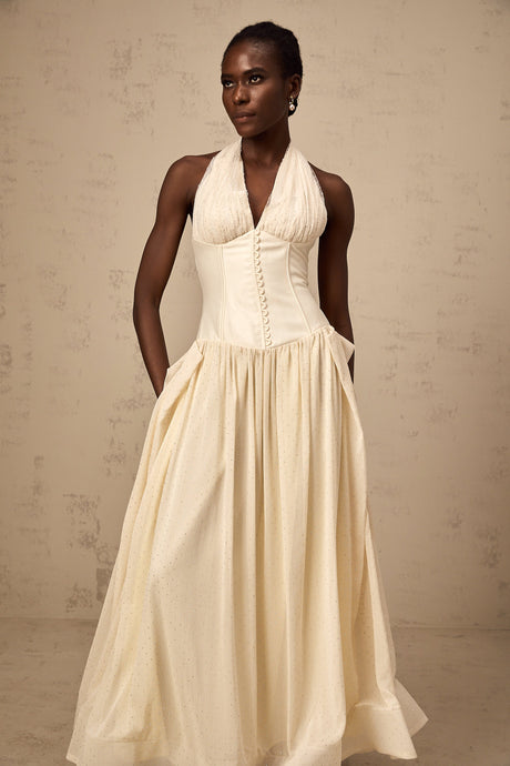 Aurohaya Charlotte halterneck tulle midi dress