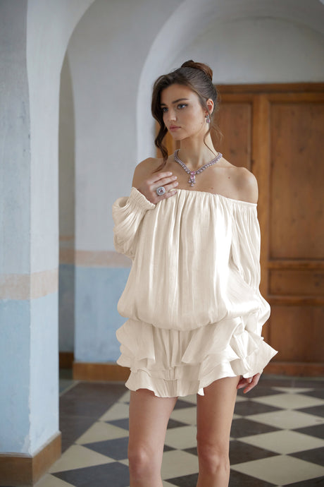 Aurohaya Florence White Glossy Pleated Tiered Mini Dress