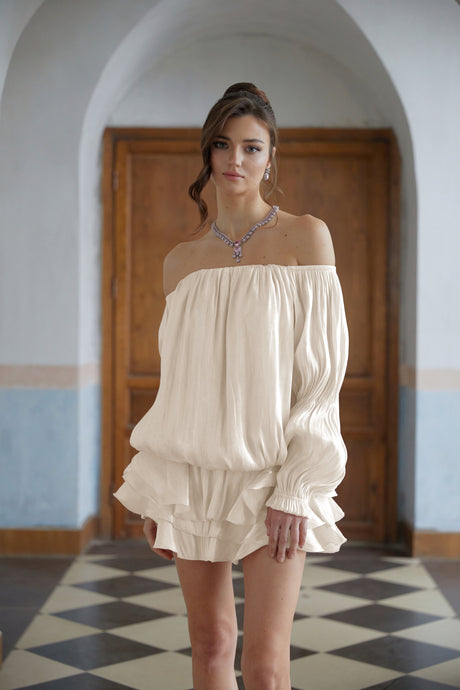 Aurohaya Florence White Glossy Pleated Tiered Mini Dress