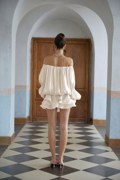 Aurohaya Florence White Glossy Pleated Tiered Mini Dress