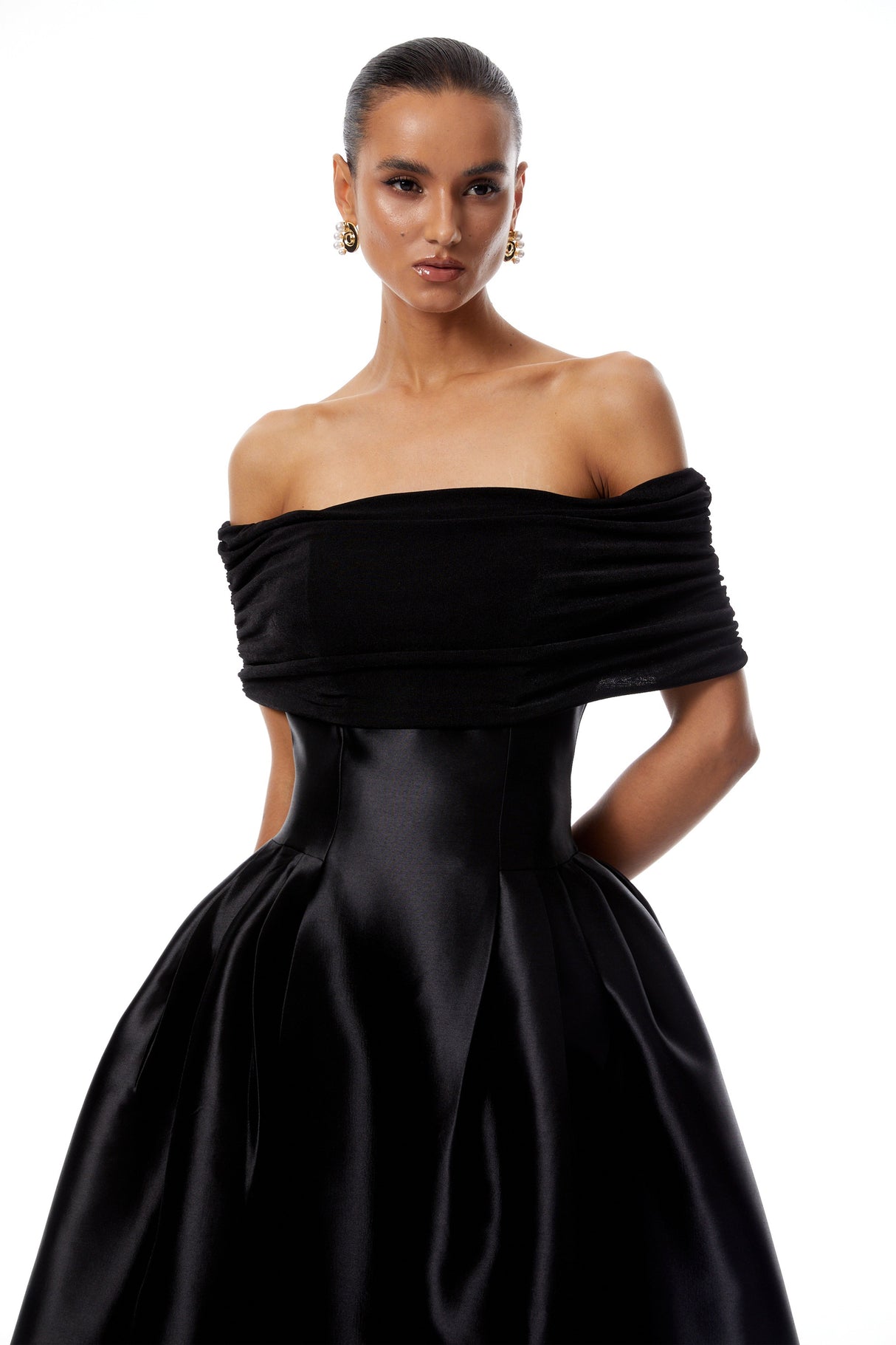 Aurohaya Anaïs Black Off Shoulder Polished Midi Dress