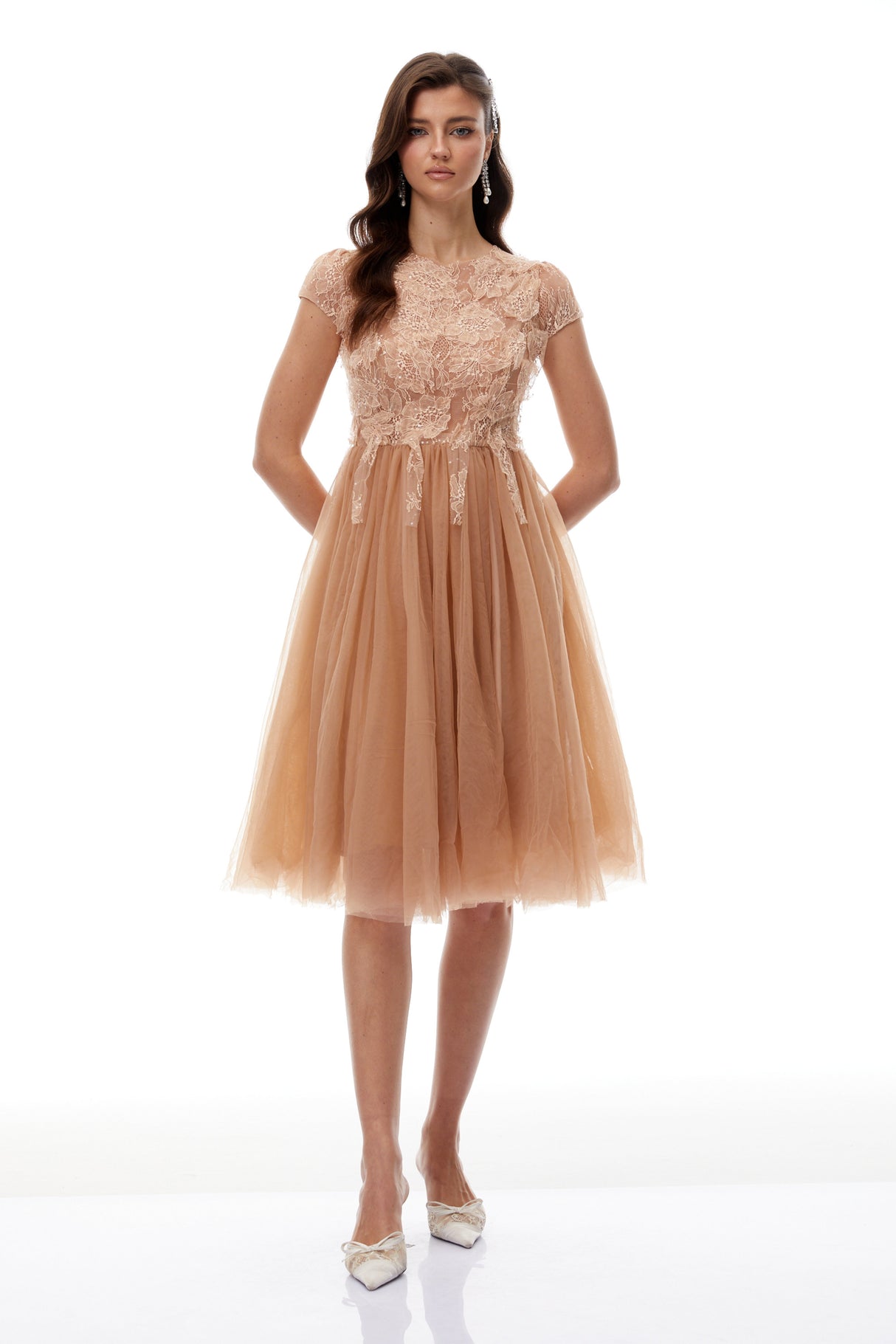 Aurohaya Fern Brown Lace Panel Tulle Midi Dress
