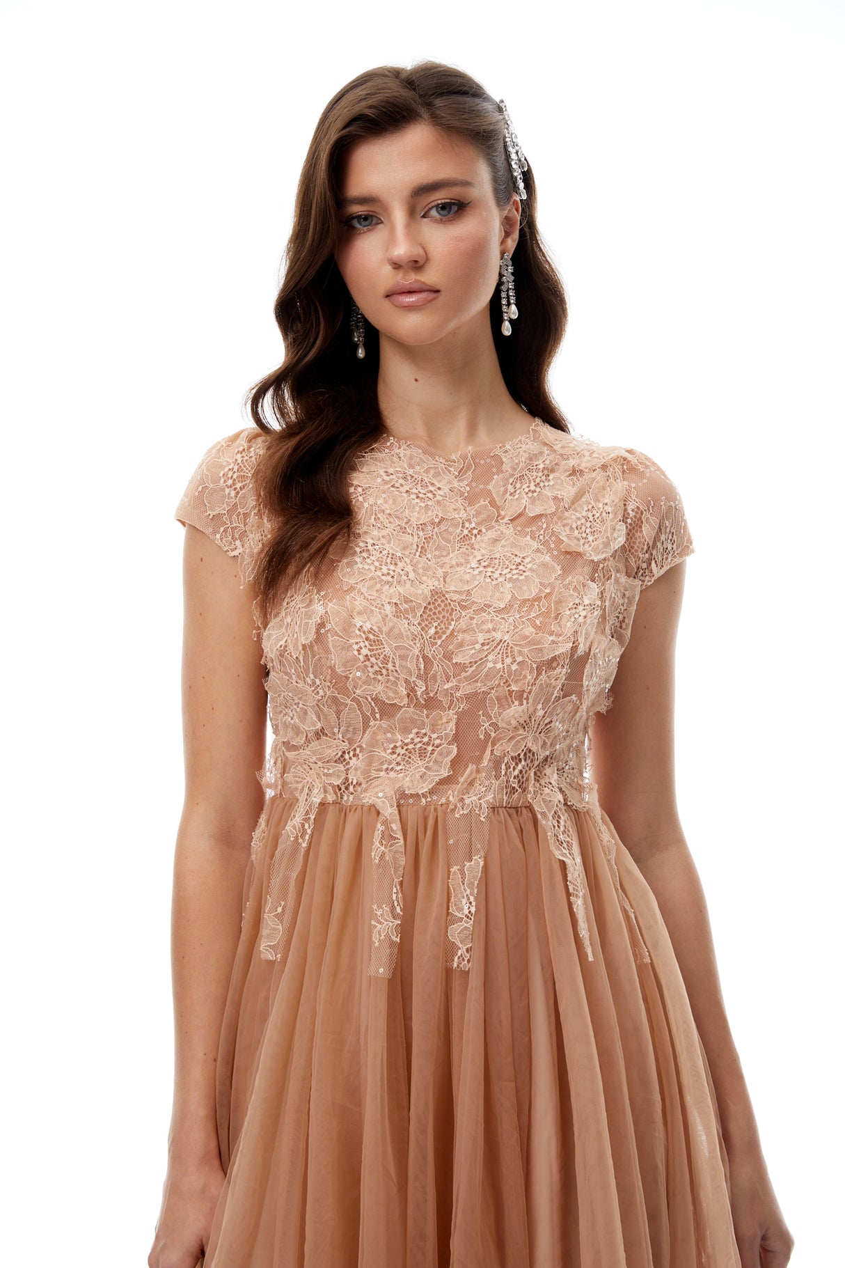 Aurohaya Fern Brown Lace Panel Tulle Midi Dress