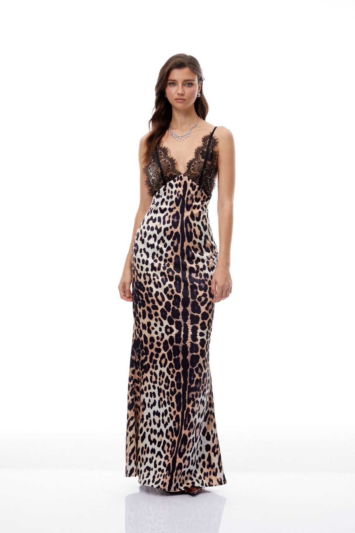 Aurohaya Marta Brown Lace Panel Leopard Satin Maxi Dress