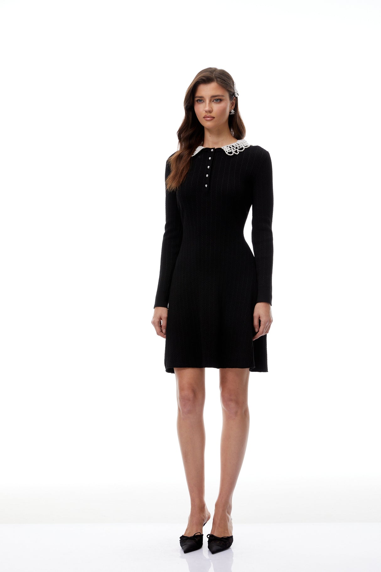 Aurohaya Lucia Black Pearl Trim Knit Mini Dress