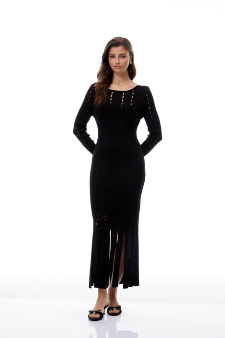 Aurohaya Ylva Black Cut Out Fringed Knit Midi Dress