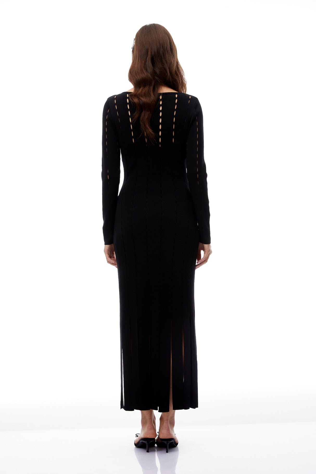Aurohaya Ylva Black Cut Out Fringed Knit Midi Dress