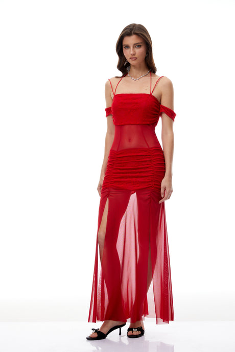 Aurohaya Tiril Red Ruched Lace Panel Meah Midi Dress