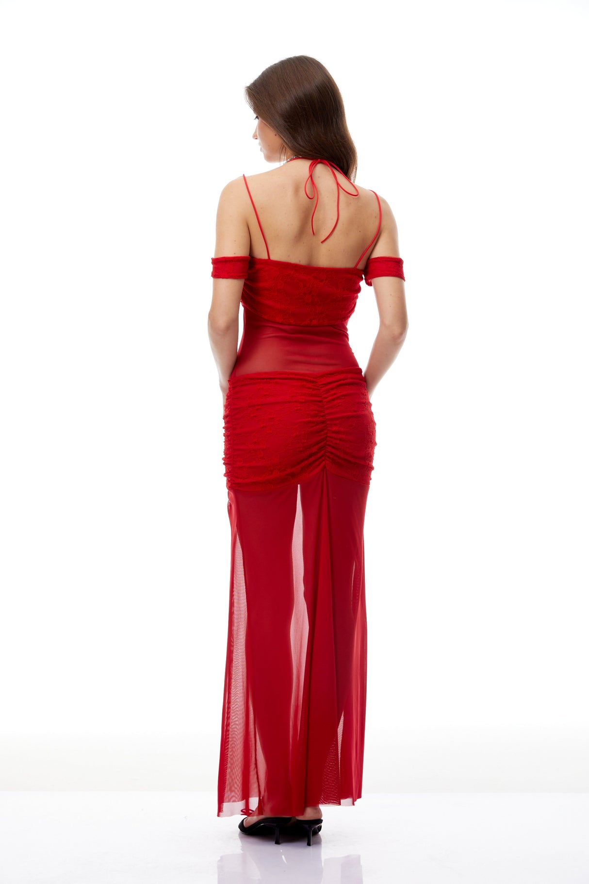 Aurohaya Tiril Red Ruched Lace Panel Meah Midi Dress