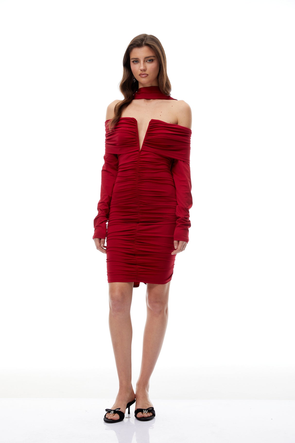 Aurohaya Jolie Red Off Shoulder Ruched Mini Dress
