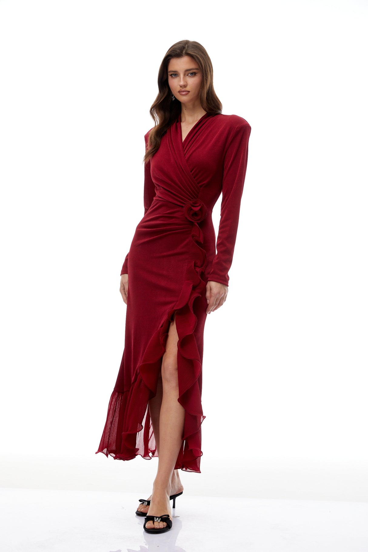 Aurohaya Synne Red Ruffled Gathered Knit Midi Dress
