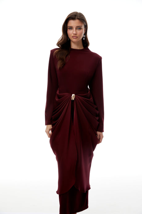 Aurohaya Piper Burgundy Draped Satin Panel Maxi Dress