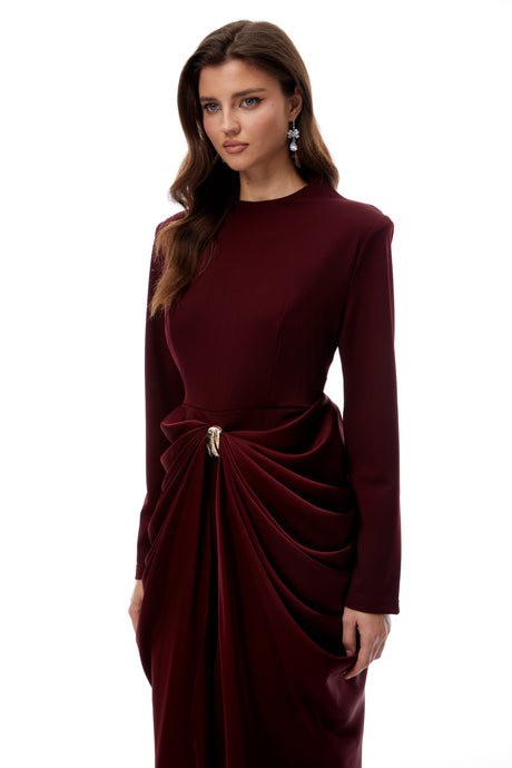 Aurohaya Piper Burgundy Draped Satin Panel Maxi Dress
