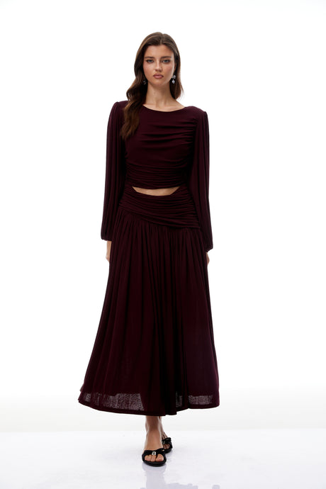 Aurohaya Fiorella Burgundy Cut Out Gathered Midi Dress