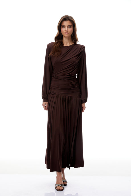 Aurohaya Tabitha Brown Braid Detail Ruched Maxi Dress