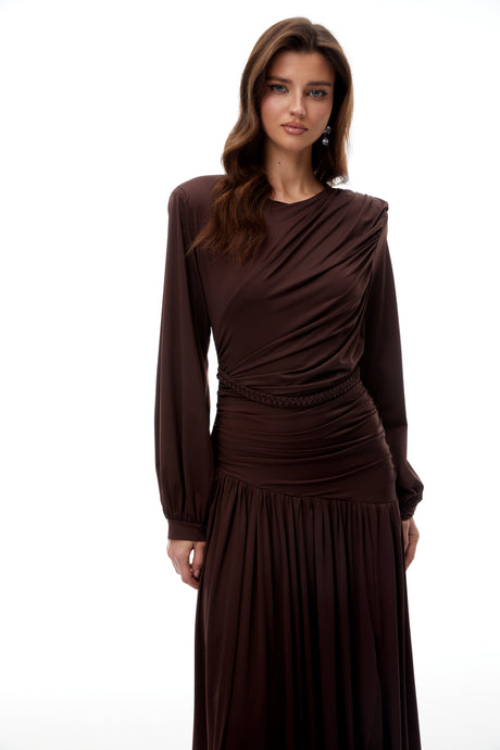 Aurohaya Tabitha Brown Braid Detail Ruched Maxi Dress
