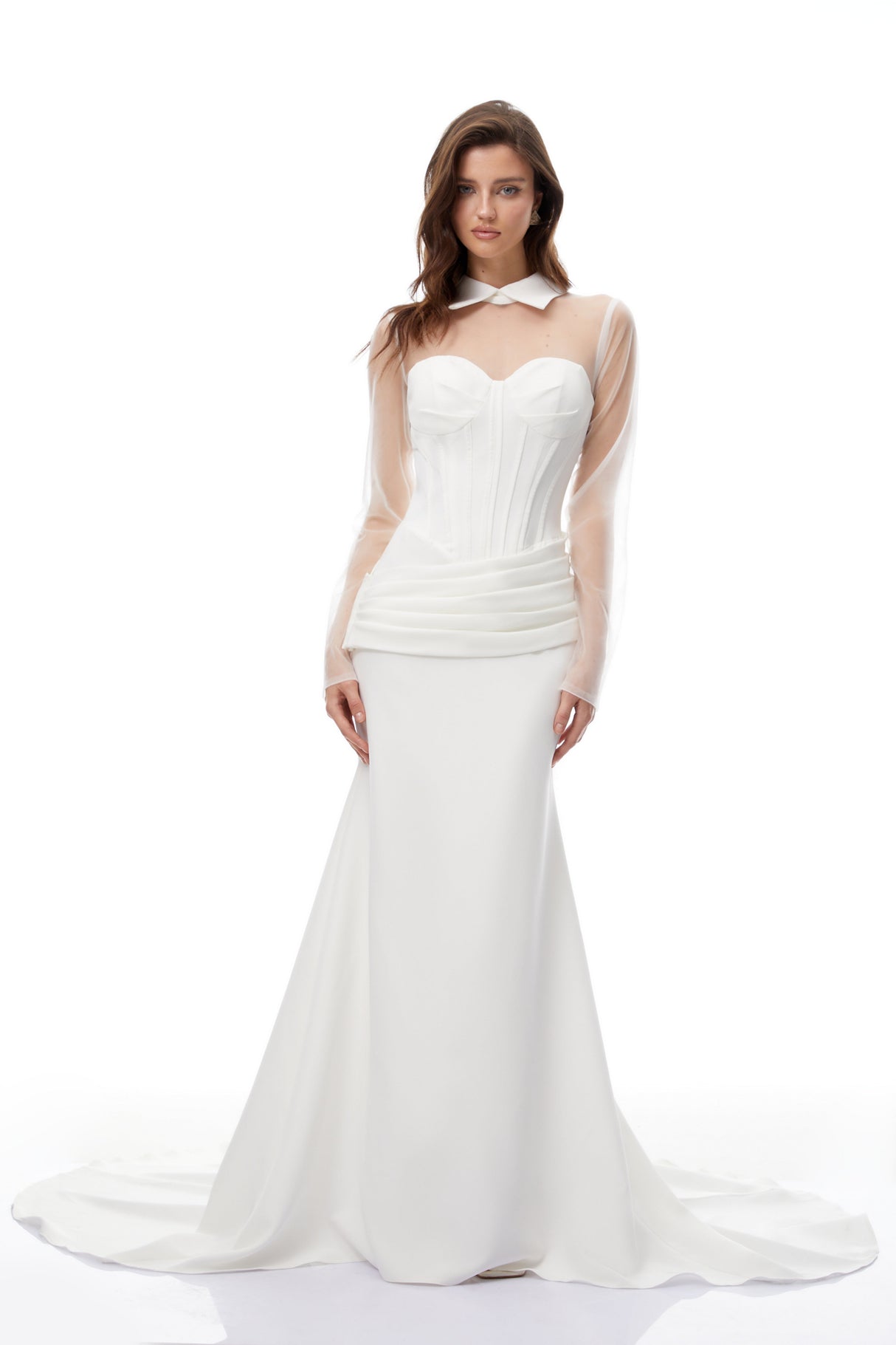 Aurohaya Ivana White Train Design Corset Maxi Dress
