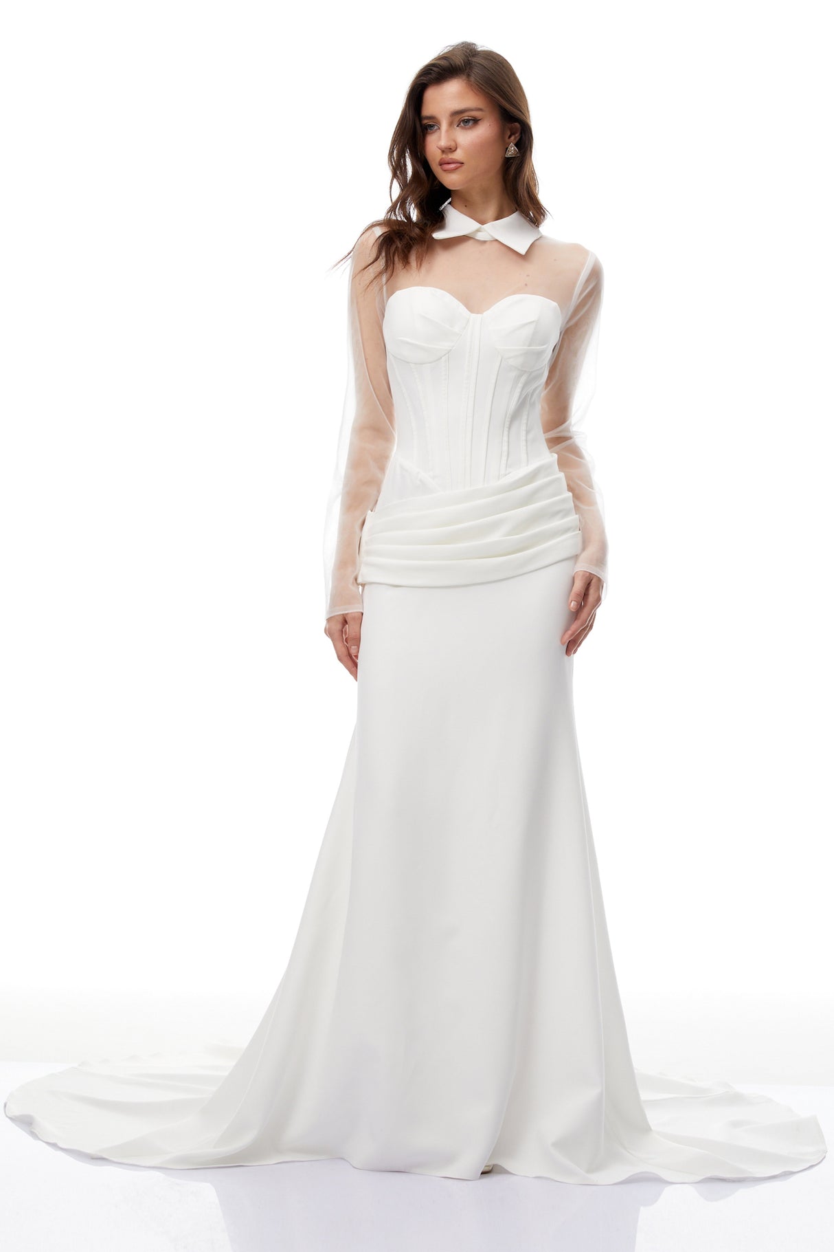 Aurohaya Ivana White Train Design Corset Maxi Dress