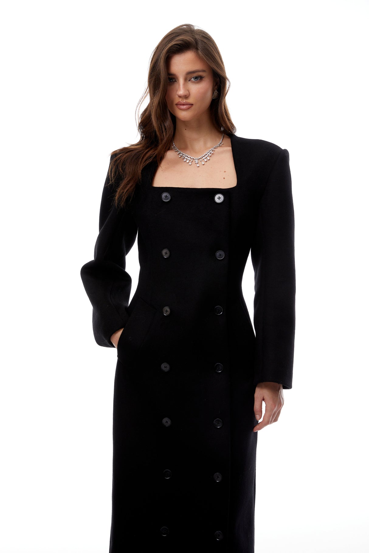 Aurohaya Oline Black Double-Breasted Maxi Blazer Dress