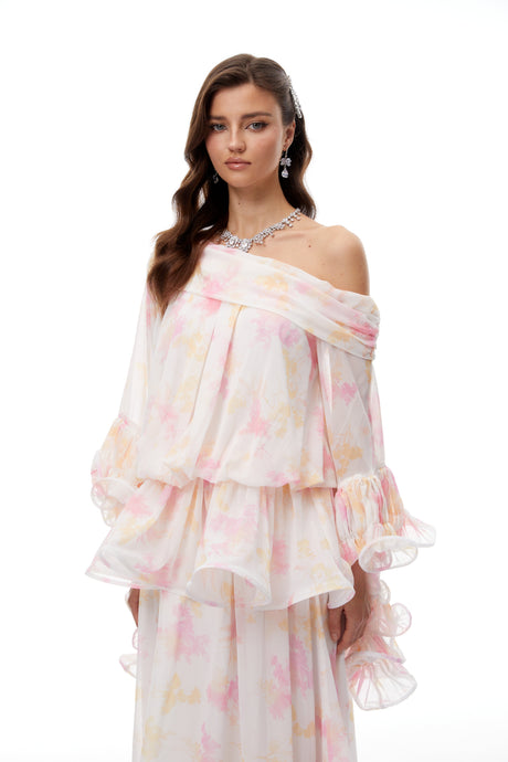 Aurohaya Rolf White Floral Print Ruffled Maxi Dress