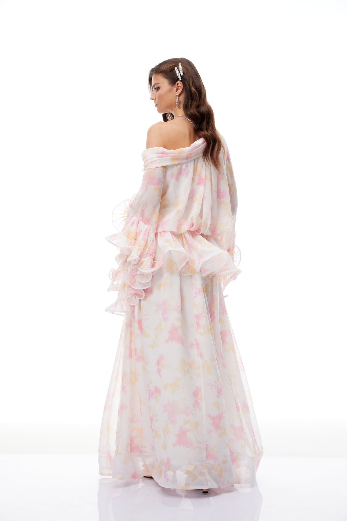 Aurohaya Rolf White Floral Print Ruffled Maxi Dress