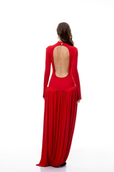 Aurohaya Sagesse Red Open Back Asymmetrical Maxi Dress