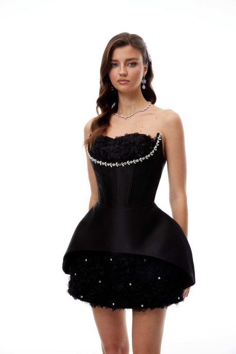 Aurohaya Elowen Black Embellished Floral Panel Mini Dress