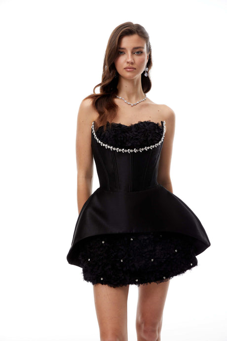 Aurohaya Elowen Black Embellished Floral Panel Mini Dress