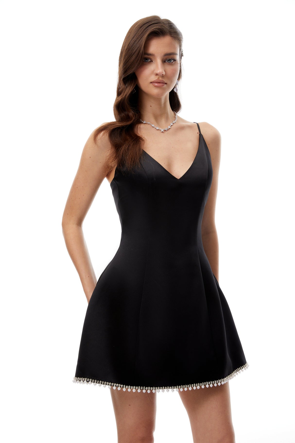 Aurohaya Wallis Black V-Neck Embellished Hem Mini Dress