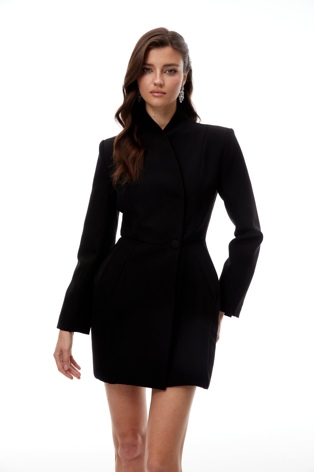 Aurohaya Marjorie Black Stand Collar Mini Blazer Dress