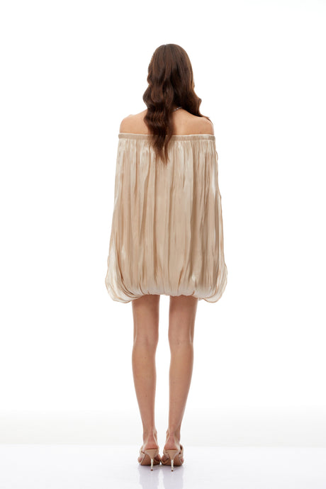 Aurohaya Anastasia Neutral Draped Glossy Mini Dress